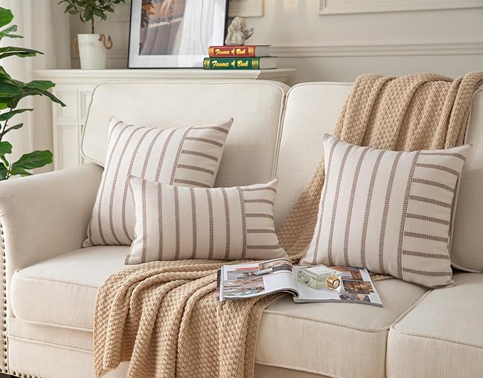 Caflife Boho Throw Pillow Covers 18x18 Set of 2 Soft Farmhouse Decorative Couch Pillow Cases Beige Striped Pillow Covers Neutral Cushion Covers for Sofa Bed Living Room Home Decor