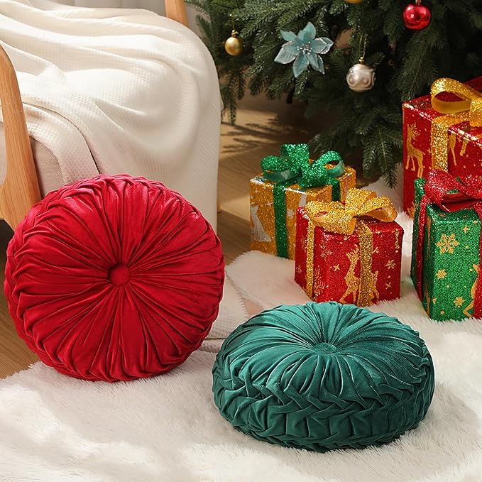 2 Pcs Round Throw Pillows 15 Inch Decorative Velvet Pleated Pumpkin Floor Boho Pillows for Living Room Couch Chair Bed Sofa (Red and Green)
