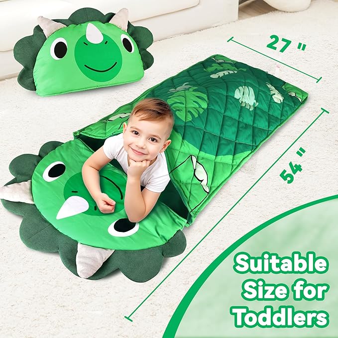 iPlay, iLearn Kid Sleeping Bag, Dinosaur Slumber Sack, Toddler Boy Nap Mat, 2 in 1 Green Dinos Cushion Blanket, Happy Travel Sleepover Daycare Preschool Birthday Gift for 3 4 5 6 Years Old Child