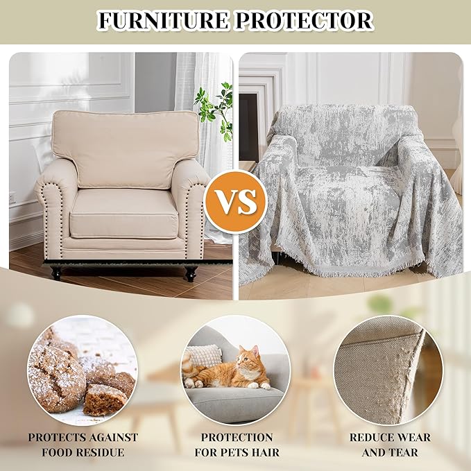 MEETSKY Small Couch Cover Oversized Chair Cover Washable, Chenille Soft Throws Cover for Single Sofa, Abstract Geometric Sofa Slipcover Multi-Use Furniture Protector for Dogs, 71" x 91", Light Grey