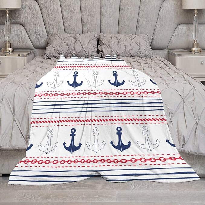 Anchor Blanket Vintage Navy Blue Red Stripe Nautical Anchor Abstract Art Printed Soft Cozy Lightweight Throw Blanket for Kids Girls Boys Women Bedroom Living Room Dorm Chair Sofa Travel 70x80in
