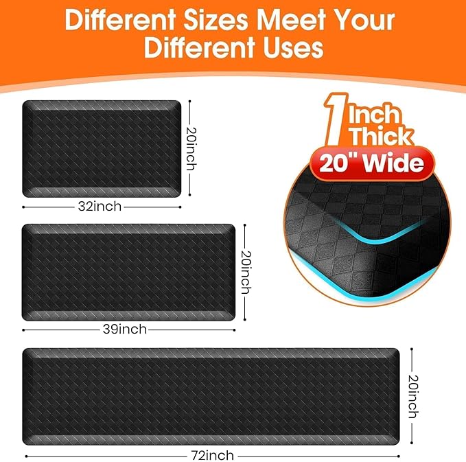 StepRite 1” Thick Kitchen Mats for Floor, Anti Fatigue Kitchen Rugs, Non-Slip,Heavy Duty Waterproof Kitchen Rug, Standing Desk Mat,Xmas Decor,Gifts for Friends, Family, Home, Kitchen, Office, (Black)