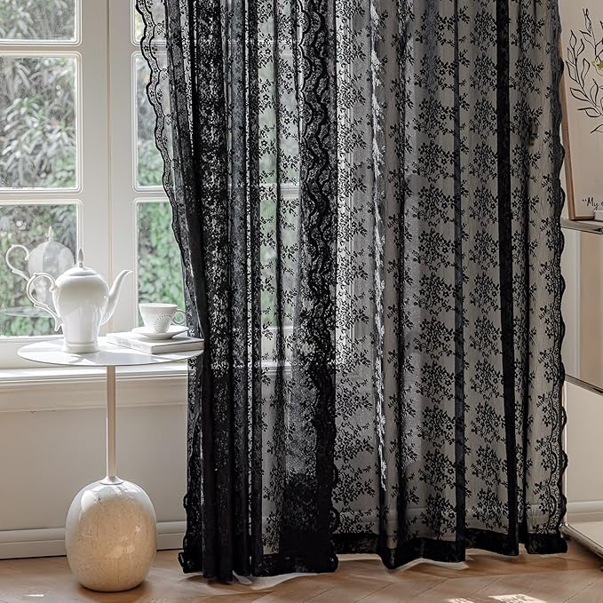 Anmao Vintage Black Lace Curtains 84 Inches Long 2 Panels Set, Romantic Elegant Light Filtering Semi Sheer Floral Thick Lacy Curtain Drapes for Living Room and Bedroom, Each Panel 55W x 84L, Black