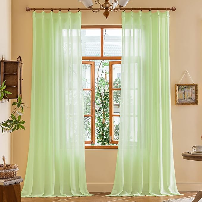 MAIHER Light Green Pinch Pleat Sheer Curtains 120 Inch Length for Living Room Bedroom 10ft Curtains Light Filtering Floor to Ceiling Pleated Drapes with Hooks, Reed Green, 42" W x 120" L, 2 Panels
