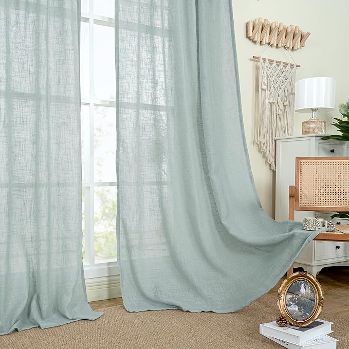 LAMIT Greyish Blue Linen Curtains 63 Inches Long, Semi Sheer Light Filtering Panels Back Tab and Rod Pocket Small Cafe Drapes for Basement/Window/Loft Room, 2 Panels, 34 x 63 Inch