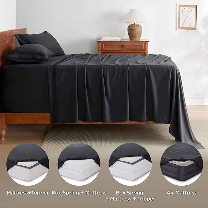 Bedsure Deep Pocket Twin Sheets Set - Fits Mattresses Up to 21 Inches Thick -3 Piece GentleSoft Bed Sheets, Moisture Wicking, Soft & Cooling Bedsheet & Pillowcases, Easy & Secure Fit, Black