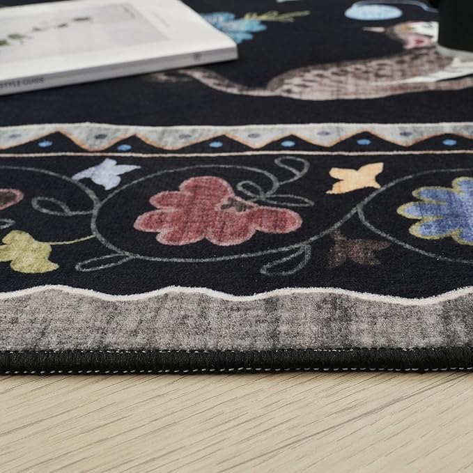 Rugcomf Area Rug 4x6 Rug Washable Boho Rugs Non Slip Low Pile Floral Animal Cat Small Carpet for Bedroom Bedside Kids Room Office Dining Room, Black