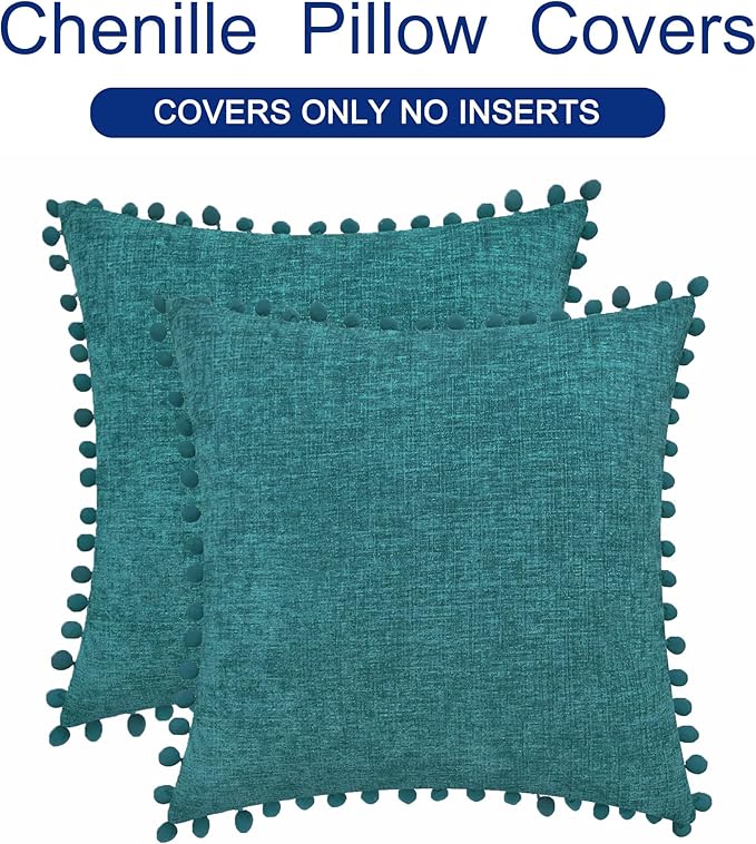 CaliTime Throw Pillow Covers Decorative 20 X 12 Inches Pack of 2 Cozy Solid Dyed Soft Chenille Cushion Cases with Pom Poms for Couch Sofa Bed Living Room Home Teal