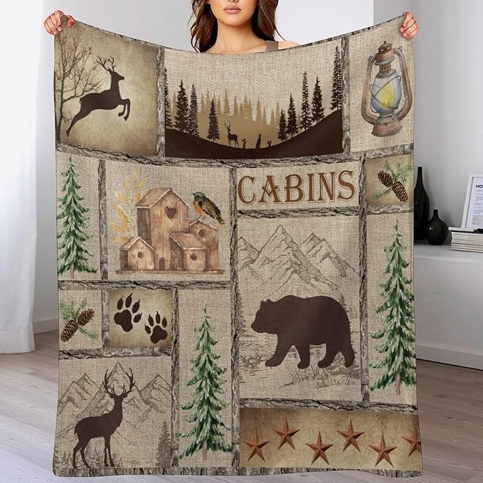 Rustic Cabin Bear Blanket, Lake Country Lodge Bear Deer Forest Farmhouse Camp Print Soft Warm Cozy Lightweight Decorative Blanket for Couch Bed Sofa Travel, 40"x50"