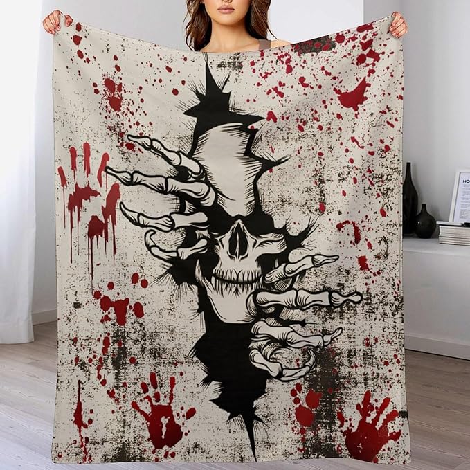 Horror Skull Throw Blanket, Halloween Day of The Dead Vintage Gothic Scary Blood Hand Soft Warm Fleece Blanket for Bed Couch Living Room All Season, 60"x80"