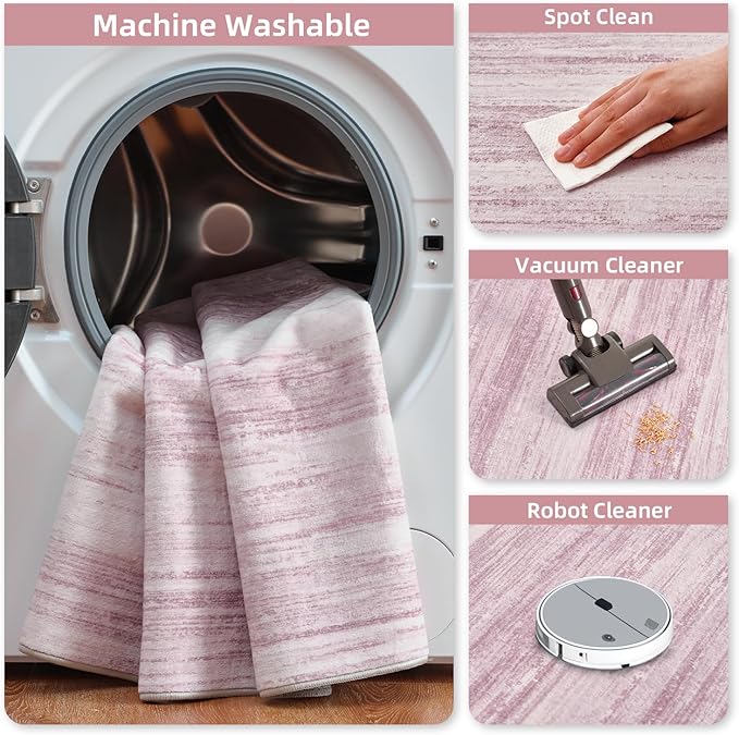 PADOOR Modern Abstract Area Rug - 3x5 Washable Rugs Non-Slip Small Carpet, Ultra Soft Low Pile Floor Rugs for Entrance Front Door Bedroom Bedside Laundry Room Pink