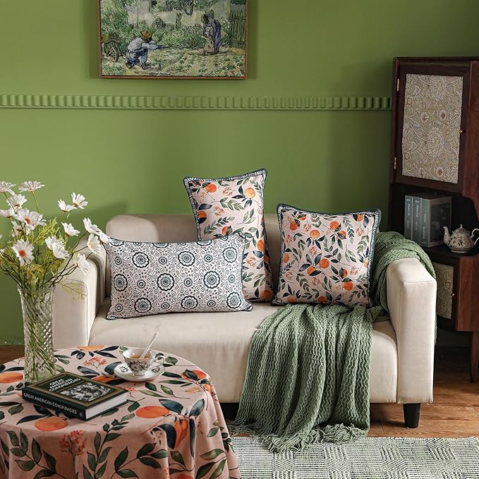 patdrea Designer Throw Pillow Covers,Square Green Vintage Rustic Linen with Abstract Geometric Floral Pattern Pillow Cover,Decorative Pillowcases Cushion for Bed Living Room