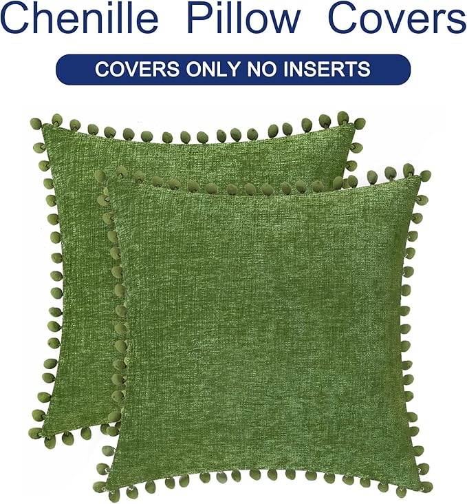 CaliTime Throw Pillow Covers Decorative 20 X 20 Inches Pack of 2 Cozy Solid Dyed Soft Chenille Cushion Cases with Pom Poms for Couch Sofa Bed Living Room Home Forest Green