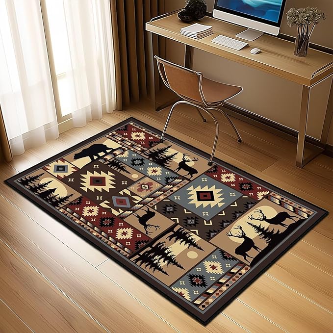 Rustic Rug for Bedroom,Cabin Wildlife Area Rug 3x5 Throw Carpet,Buffalo Plaid Bear Moose Deer Country,Ultra-Thin Washable Kitchen Rugs Indoor Entryway Rug Non Slip Floor Carpets for Living Room,Office