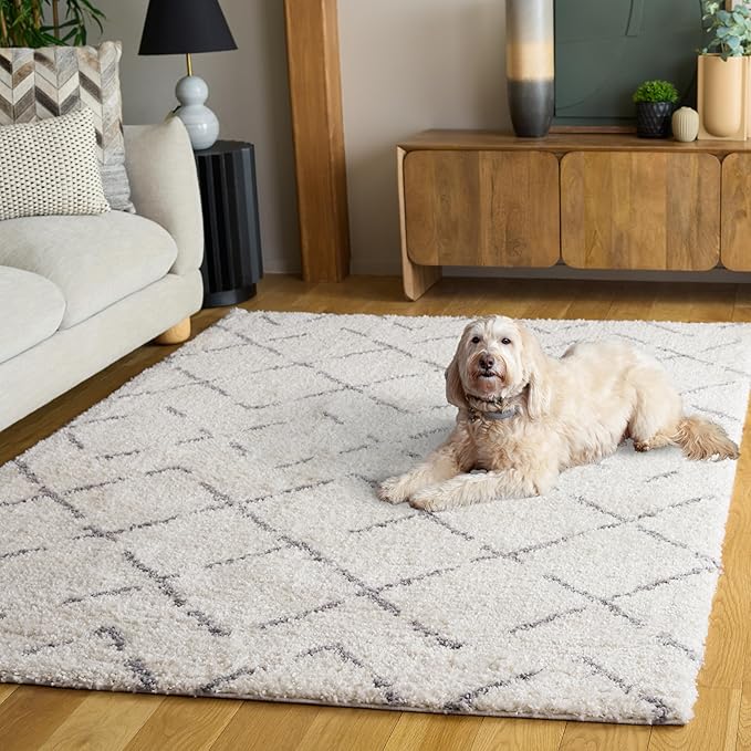 SAFAVIEH Arizona Shag Collection Area Rug - 5'1" x 7'6", Ivory & Grey, Moroccan Boho Design, Non-Shedding & Easy to Clean, Ideal for Living Room, Bedroom, Dining Space (ASG743F)