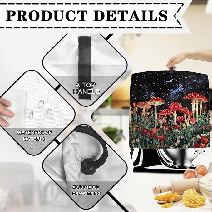 Mushroom Dragonfly Mixer Covers Stand Mixer Dustproof Cover Compatible with Kitchen Aid Mixer Washable Stand Mixer Covers for 4.5-5 Qt Mixer