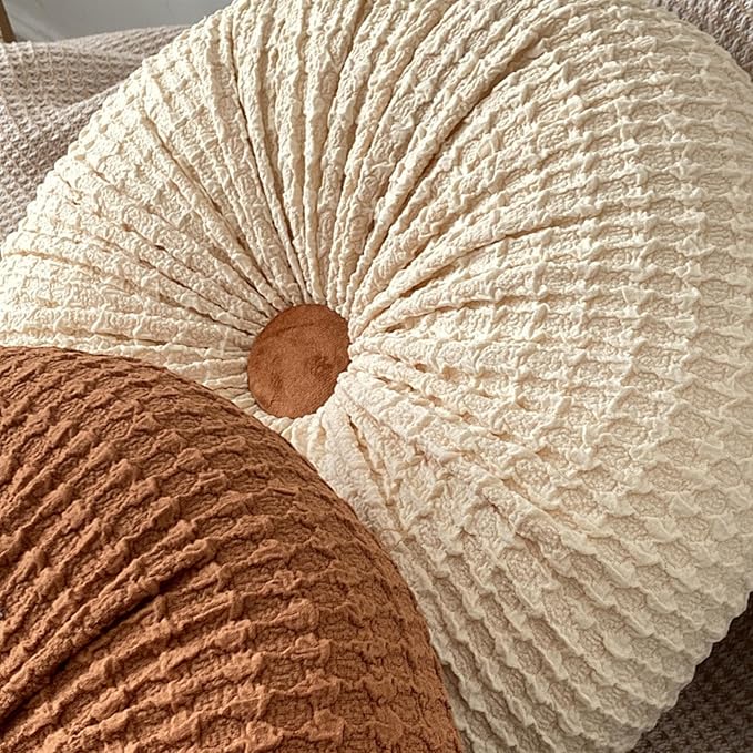 Round Throw Pillow, 15" Velvet Decorative Pleated Pumpkin Round Pillow Cushion Floor Pillows for Sofa Couch Bed Chair Living Room Floor Car Decorations, Beige