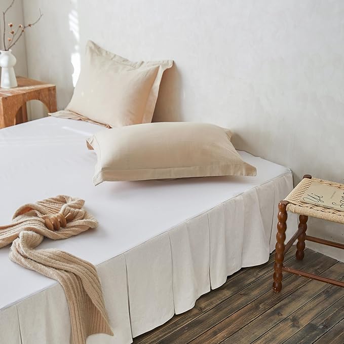 BISELINA French Linen Pleated Bed Skirt, 14" Tailored Draped Natural Linen-Cotton Blend Basic Dust Border Soft Comfort Farmhouse Bedding (14" Queen, White)