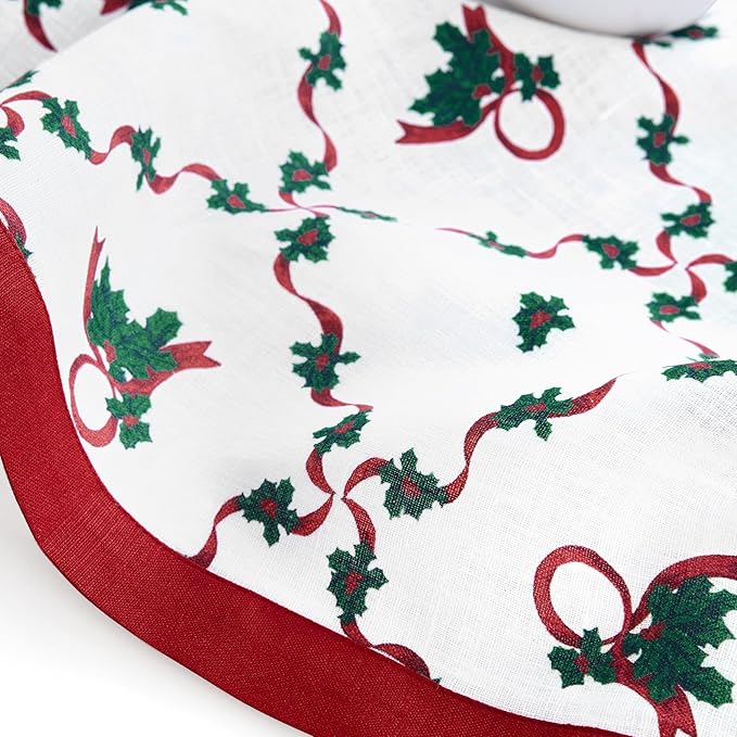Solino Home 100% Pure Linen Christmas Table Runner 108 Inches Long - Red and Green Table Runner 14 x 108 Inch - Handcrafted and Machine Washable - Holly Ribbon Print