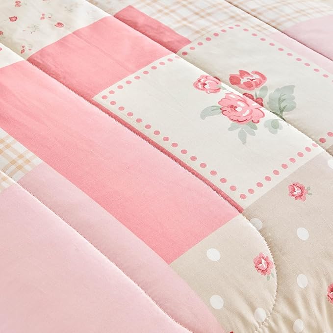 Joyreap 4 Piece Cotton Toddler Bedding Set- Pink Flower Plaids Patchwork Design, Toddler Comforter Set for Girls, Includes Quilted Comforter, Fitted Sheet, Top Sheet, and Pillow Case