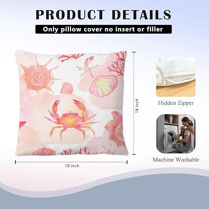 Pink Coastal Beach Pillow Covers 18x18 Set of 2, Beachy Room Decor Aesthetic, Ocean Coral Crab Fish Seashell Coastal Decorative Throw Pillow Covers for Home Bedroom Living Room