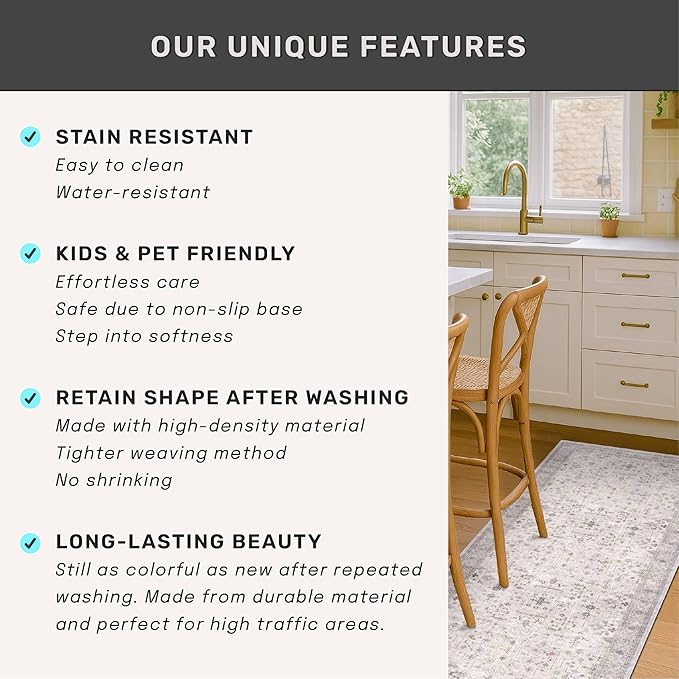 Boho Light Grey Living Room Rug 10x12 - Modern Vintage Eclectic Floral Pastel Neutral Taupe, Washable Low Pile Non-Slip Extra Large Area Rugs for Dining Under Table Bedroom Lounge
