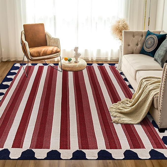 9CH Red White Stripes Area Rug 7' X 5' Navy Blue Modern Geometric Lines Faux Wool Rugs Soft Non-Slip Vintage American Flag Carpet for Bedroom Dining Room Office