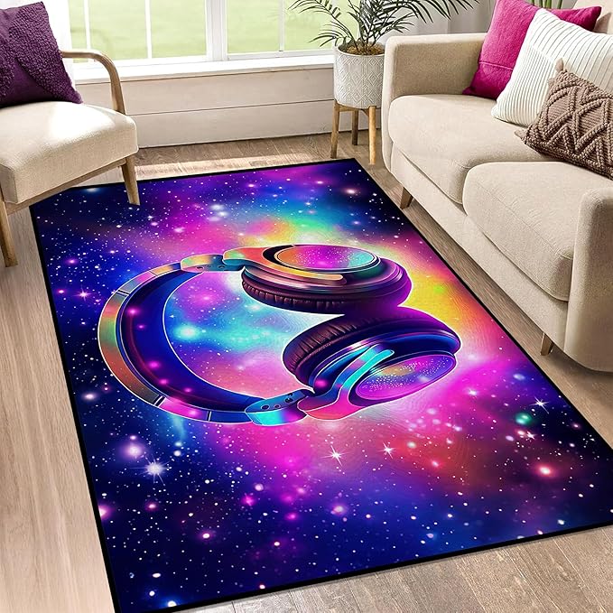 Galaxy Game Area Rug Music Headphone Rugs Colorful Throw Rug Non-Slip Carpet Doormats for Living Room Bedroom Apartment Dorm Floor Mat 79 in x 39 in