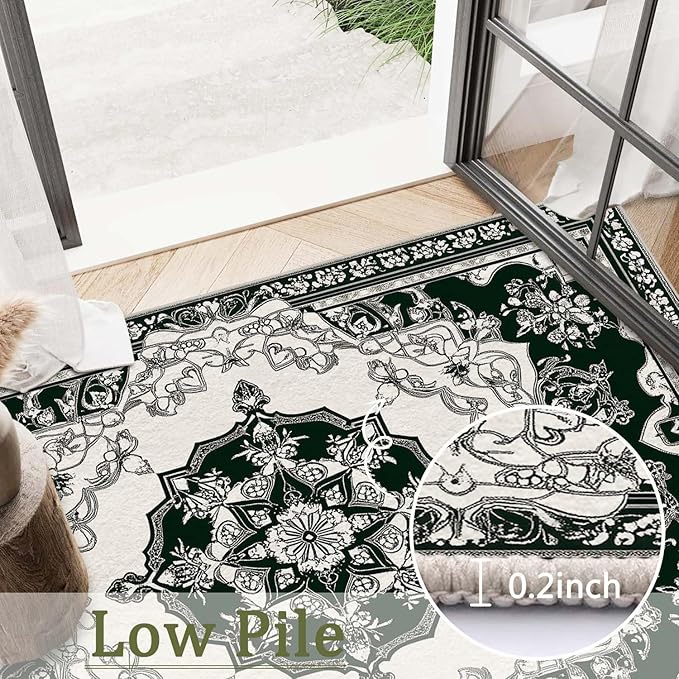 4x6 Traditional Oriental Area Rug Black White Dark Green Rug Non Slip Low Pile Large Carpet for Home Kitchen Living Room Bedroom Dining Room Office