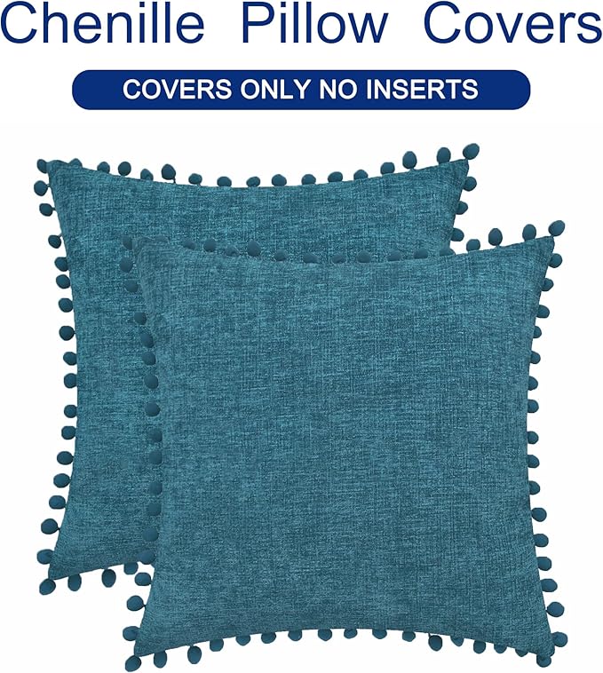 CaliTime Throw Pillow Covers Decorative 18 X 18 Inches Pack of 2 Cozy Solid Dyed Soft Chenille Cushion Cases with Pom Poms for Couch Sofa Bed Living Room Home Ocean Blue