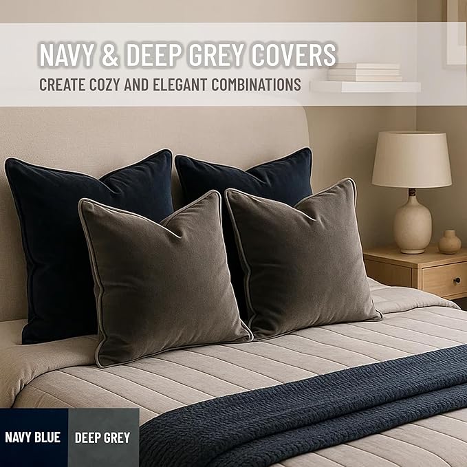 2 Pack Velvet Decorative Throw Pillow Covers, 18"x18", Navy Blue and Grey, Solid, Modern, Contrast Piping, Indoor Use, Bedroom & Living Room