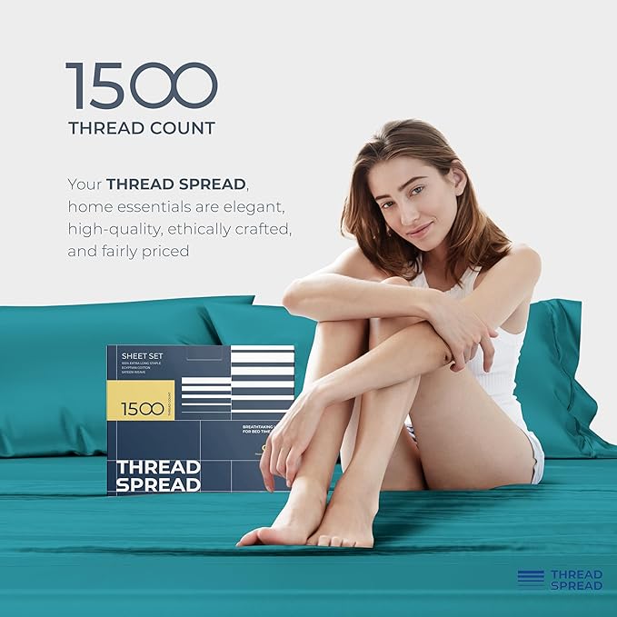 THREAD SPREAD 100% Egyptian Cotton Sheets California King Size Bed Set - 4 PC 1500 Luxury High Thread Count Teal Cal King Bed Sheets, Silky Soft, Cooling, Sateen, 17" Deep Pocket Bedsheet Set