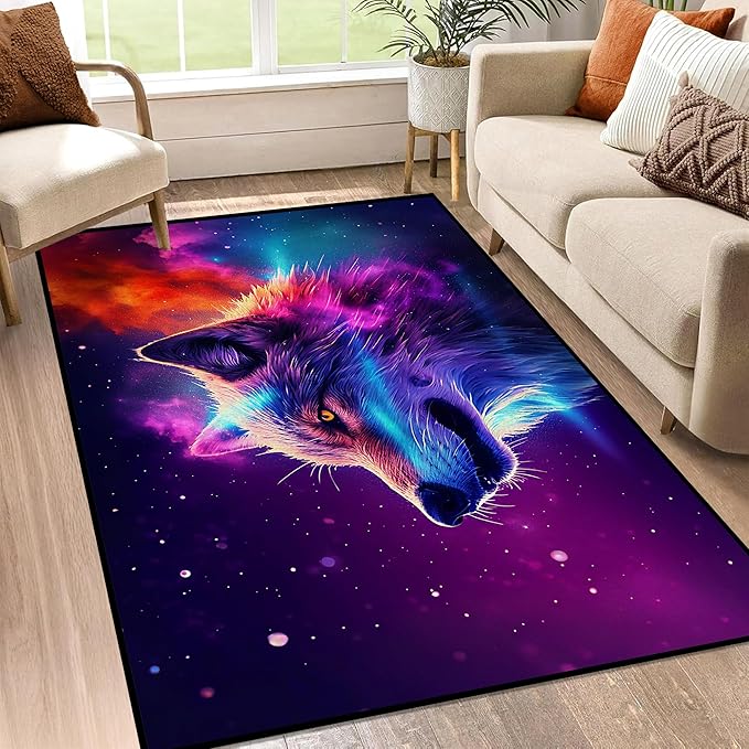 Galaxy Wolf Rug 3D Fierce Wolves Area Rugs for Bedroom Living Room Playroom Gameroom Boys Kids Colorful Glitter Throw Rugs Floor Mat Carpet 47 in X 31 in
