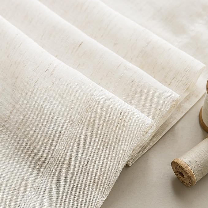 Anmao Flax Linen Curtains for Living Room 45 Inch Length 2 Panels Set, Light Filtering Sheer Window Curtain Drapes for Bedroom with Nickel Grommet, 52 Inch Wide Each Panel, Ivory Color