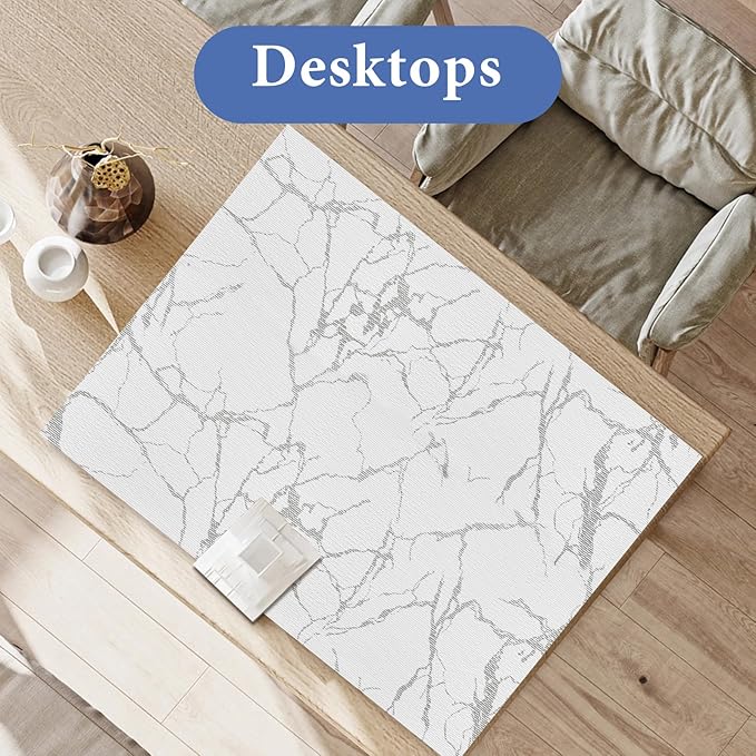 Drawer and Shelf Liner for Kitchen Cabinet: 17 in X 30 Ft Non Slip Waterproof Shelf Paper Non Adhesive Refrigerator Liners Silver Marble Easy Liners for Bathroom with Knife Tape Measure