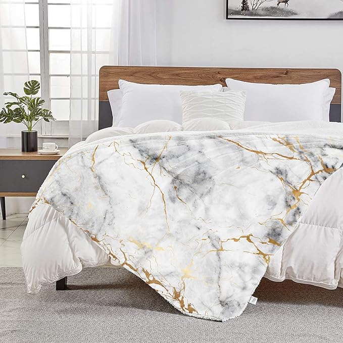 Gold Marble Throw Blanket for Couch, Super Soft Fuzzy Throws Warm Comfortable Plush Fleece Blanket, Fashion Decorative Flannel Fleece Blanket for All Season(60 x 80 in, Gold Marble)