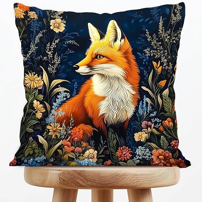 YOU FOUND ME William Morris Abstract Vintage Floral Velvet Fox Design Throw Pillow Covers Home Decor, Retro Art Deco Pillowcase Cushion Cover for Bed Sofa Living Room, Square 18x18inch (Orange-Fox)