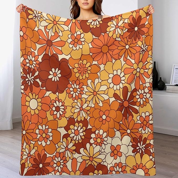 Vintage 70s Throw Blanket, Boho Hippie Bright Orange Flowers Groovy Abstract Funny Art Print Blanket for Couch Sofa Bed 40"x50"