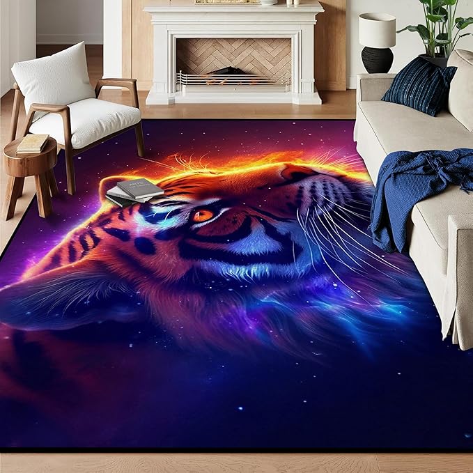 5' X 7' Galaxy Tiger Rug 3D Fierce Tigers Area Rugs for Bedroom Living Room Playroom Gameroom Boys Kids Fire Glitter Carpet Throw Rugs Floor Mat