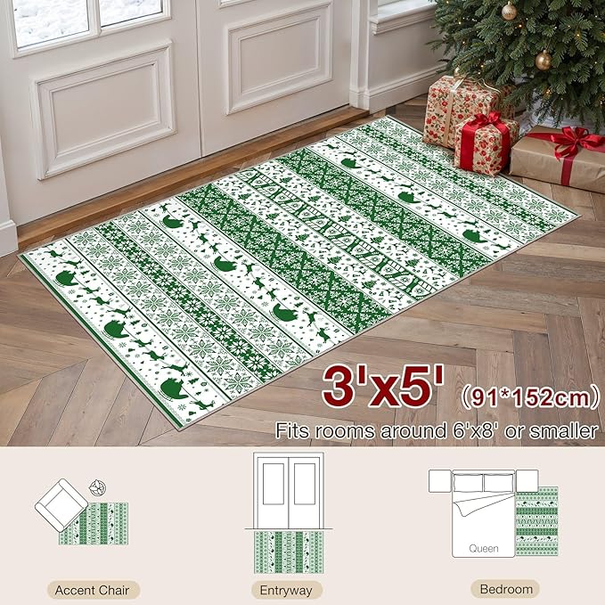 Abstract Living Room Rug 3X5 - Modern Washable Christmas Soft Thin Area Rug for Living Room Bedroom Under Dining Table - Neutral Indoor Floor Rug Carpets for Home Office Playroom Nursery - Green