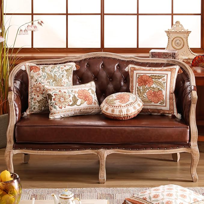 Throw Pillow Covers Pack of 2,Orange Floral Farmhouse with Wild Flowers Pattern Cozy Velvet Pillowcases,Decoration Lumbar Pillows Cushion Covers for Couch Sofa Bed Car Chair,12"x20"