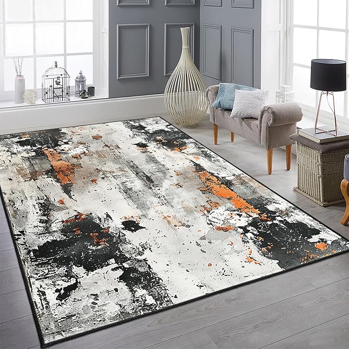 9CH Abstract Distressed Design Area Rug 7' X 5' Grey & Orange Boho Chic Faux Wool Rugs Soft Non-Slip Low Pile Floor Carpets for Bedroom Living Room Dining Room