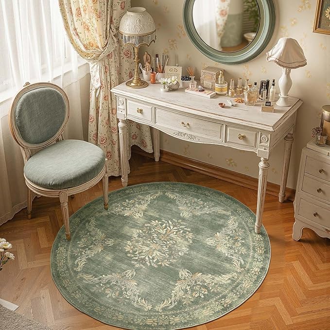 jinchan Round Rug 4ft Area Rugs Vintage Floral Distressed Design Machine Washable Soft Non-Slip Low-Pile Ultra-Thin Christmas Circle Rug for Entryway Living Room Kitchen Nursery (4' Round, Dark Green)