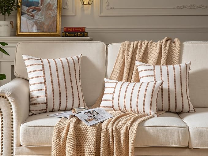 Caflife Boho Throw Pillow Covers 20x20 Set of 2 Soft Farmhouse Decorative Couch Pillow Cases Brown Striped Pillow Covers Neutral Cushion Covers for Sofa Bed Living Room Home Decor