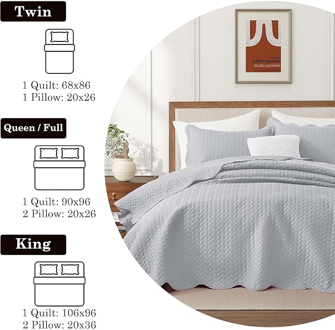 IR Imperial Rooms Queen Quilt Bedding Set Size (90" x 96") + 2 Pillow Shams (20" x 26"+ 2") - 3 Pcs All Season Lightweight Reversible Microfiber Coverlet Embossed Quilt Bedspread (Silver)