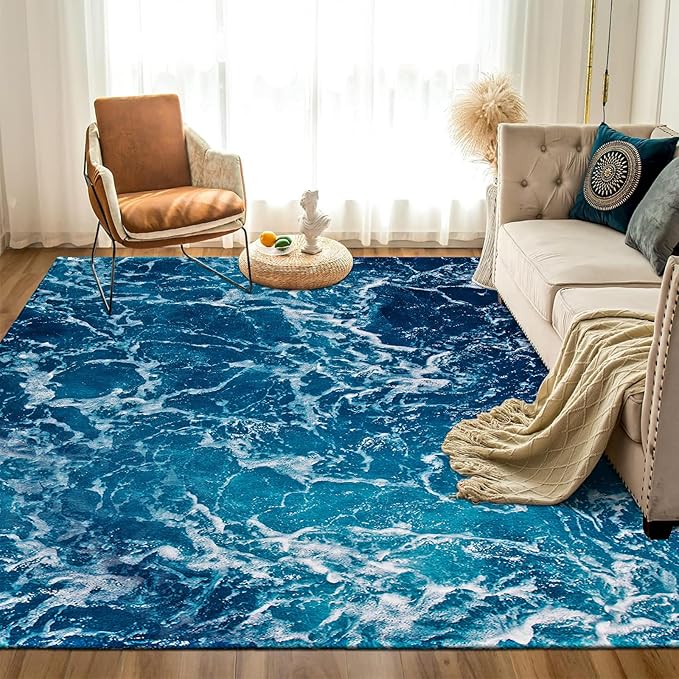 9CH Ocean Beach Area Rug 6'x9', Blue Sea Waves Polyester Area Rug Non-Slip Carpet Mat for Living Dining Dorm Room Bedroom Home Decorative