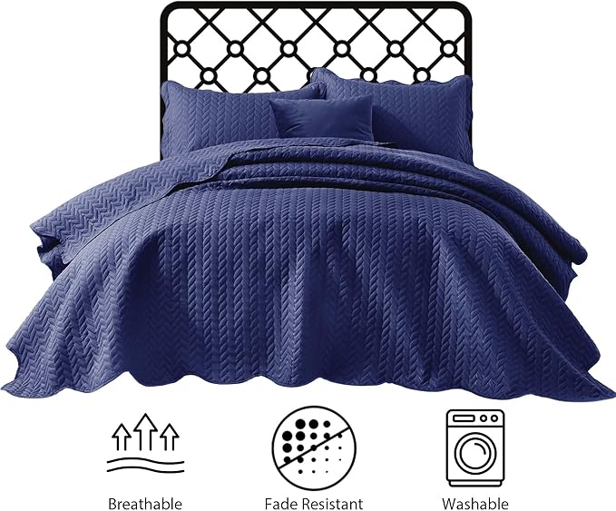 IR Imperial Rooms King Quilt Bedding Set Size (106" x 96") + 2 Pillow Shams (20" x 36"+ 2") - 3 Pcs All Season Lightweight Reversible Microfiber Coverlet Embossed Quilt Bedspread (Navy)