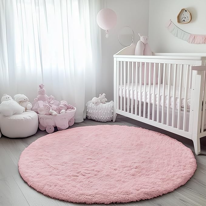 ONASAR Light Pink Round Area Rugs 3ft for Bedroom Living Room, Fluffy Cat Dog Bed Mat, Washable Circle Rug for Kids Girls Boys Teen, Soft Plush Shaggy Carpet for Nursery Dorm Home Decor Aesthetic