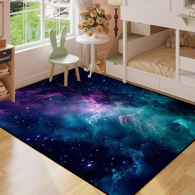 4' X 6' Galaxy Area Rug for Kids Bedroom Dark Blue Starry Sky Carpets Living Room Large Glitter Outer Space Throw Rugs Floor Mat 71 in x 47 in