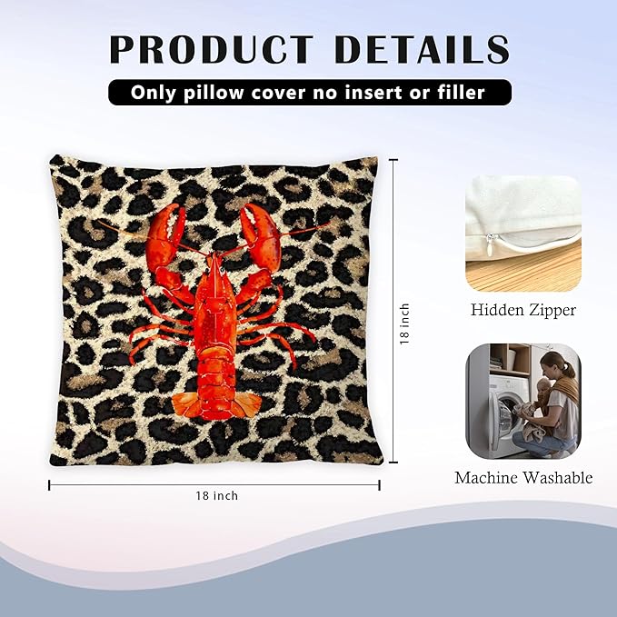 Coastal Leopard Lobster Pillow Covers 18x18, Leopard Print Home Decor, Lobster Decor, Nautical Beach Crawfish Throw Pillow Covers for Home Bedroom Living Room Sofa Couch